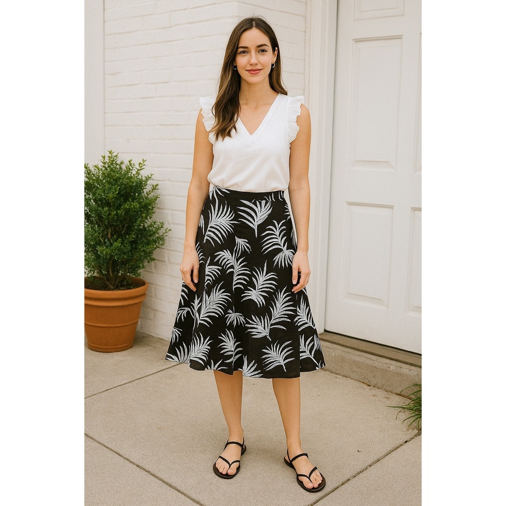 Ann Taylor Palm Print A-Line Skirt Brown White Cotton Size 8 Tropical Midi